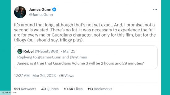 James Gunn screenshot of a Tweet discussing the runtime for Guardians of the Galaxy Vol 3 