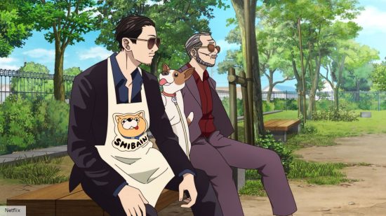 The Way of the Househusband season 3 release: Tatsu sitting outside in a park with an old yakuza 