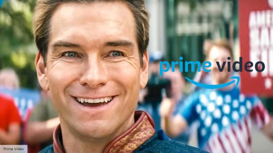 Amazon Prime cost: Homelander smiling in The Boys next to the Prime Video logo