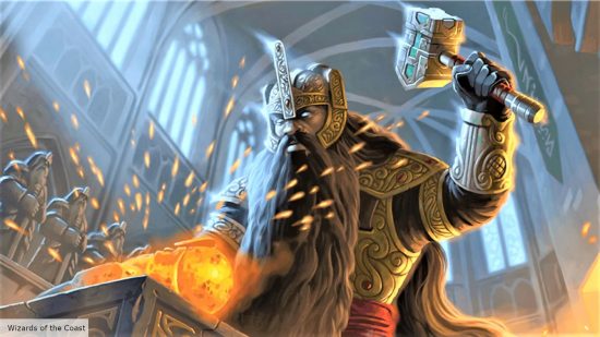 Dungeons & Dragons movie best DnD class: A Dwarf Cleric forging a hammer 