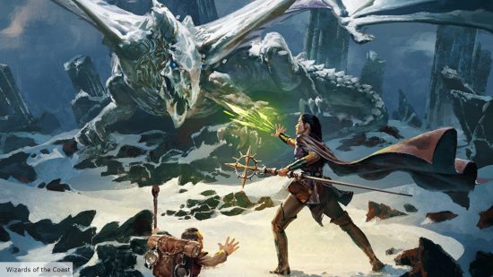 Dungeons & Dragons movie best DnD class: a spellcaster attacking a dragon in the snow