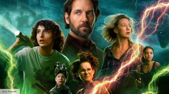 Finn Wolfhard, McKenna Grace, and Carrie Coon on the Ghostbusters Afterlife poster