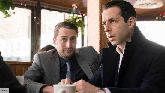 Succession season 4 episode 5 release date: Kendall Roy and Roman Roy sitting together at a table in Succession season 1