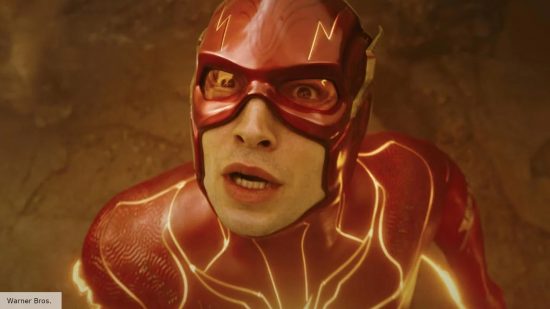 Barry Allen (Ezra Miller) looks startled in The Flash movie