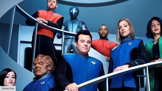 The Orville season 4 release date: the crew of the Orville standing on a spiral staircase 