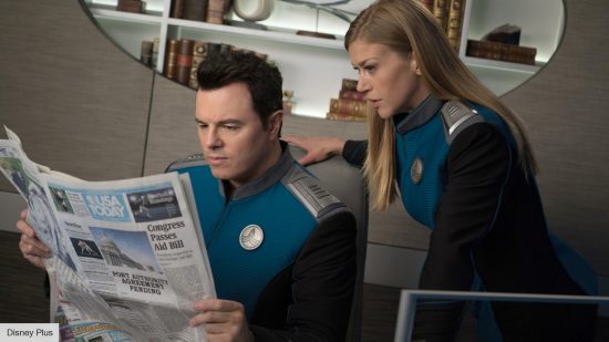 The Orville season 4 release date: Captain Mercer reading a newspaper during season 2 of The Orville 
