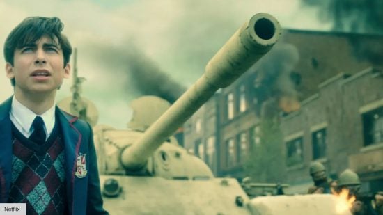 The Umbrella Academy season 4 release date: an Armoured tank in the street 