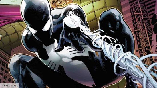 Black suit Spider-Man spins a web