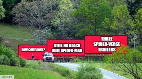 Three billboards asking where Black suit Spider-Man is