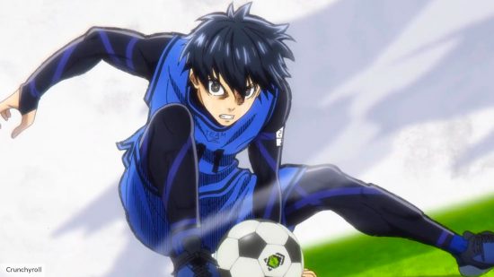 Yoichi Isagi in Blue Lock on the Football pitch next to a ball