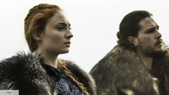 Sophie Turner as Sansa Stark and Kit Harington as Jon Snow in Game of Thrones