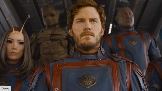 Pom Klementieff, Chris Pratt, Dave Bautista, and Groot in Guardians of the Galaxy Vol. 3