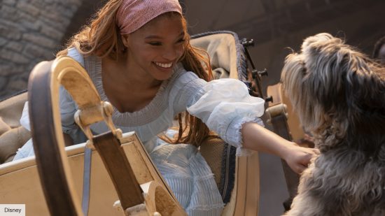 halle bailey as ariel petting a dog in the little mermaid