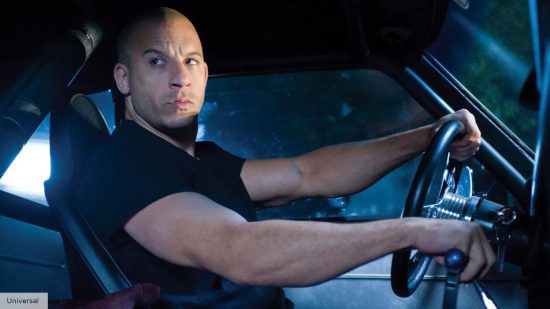Dom Toretto (Vin Diesel) driving his car in a Fast and Furious movie