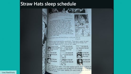 ReelShady's post on r/OnePiece: One Piece Manga showing the sleep schedules of the Straw Hats
