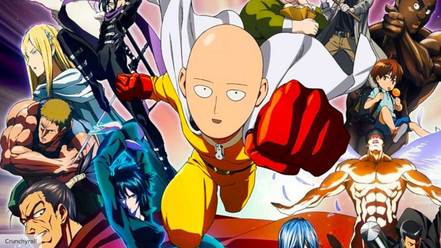 Saitama and the rest of the One-Pnch Man characters leap towards the screen