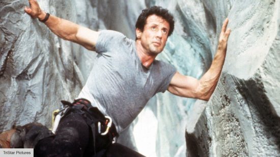 Sylvester Stallone in the 1993 movie Cliffhnager climbing a mountain