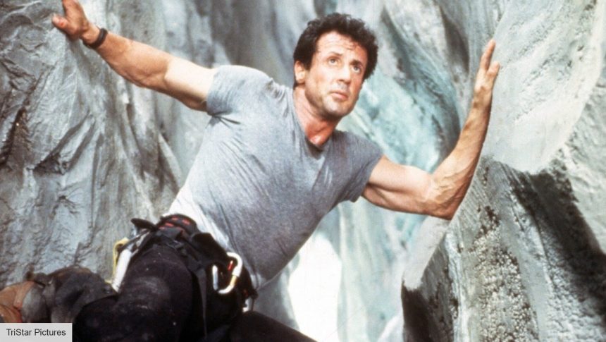 Sylvester Stallone in the 1993 movie Cliffhnager climbing a mountain