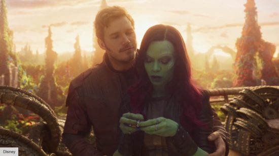 Chris Pratt as Star-Lord and Zoe Saldana as Gamora in Guardians of the Galaxy Vol 2