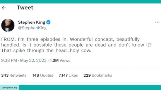 Stephen King's tweet praising the TV series From