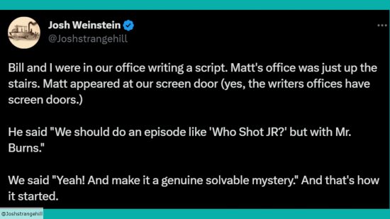 O tweet de Josh Weinstein sobre Os Simpsons