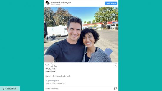 Robbie Amell and Andy Allow on set