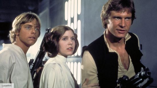 Luke Skywalker, Princess Leia, and Han Solo in Star Wars a New Hope