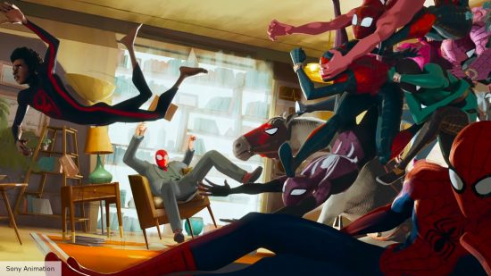 The Spider-Socety chase Miles in Across the Spider-Verse