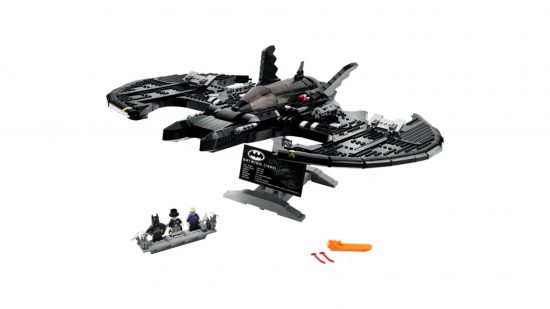 Best Lego Batman sets: 1989 Batwing. Image shows the constructed Batwing alongside the minifigures it comes with.