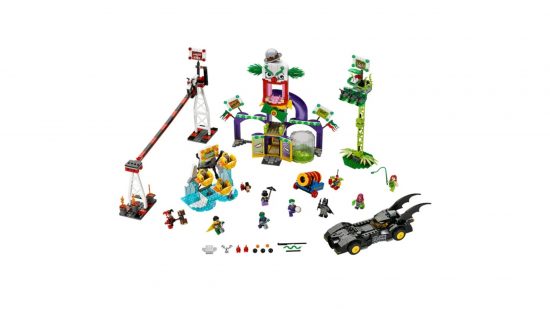 Best Lego Batman sets: Jokerland. Image shows he set with all its components and figures laid out in full display.