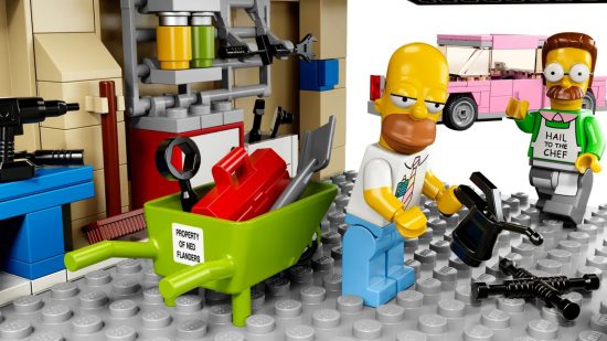 Best Lego sets based on TV and movies: image shows Homer Simpson near Ned Flanders in a Lego version of his garage,