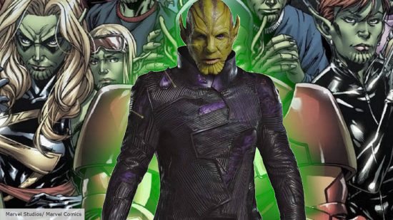 Talos from Secret Invasion stands in front of an army of Skrulls