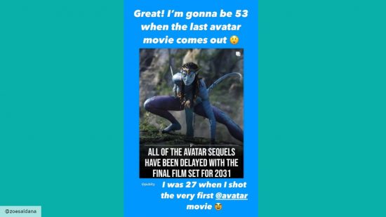 A screenshot of Zoe Saldana's Instagram story reacting to Avatar 5's delay 