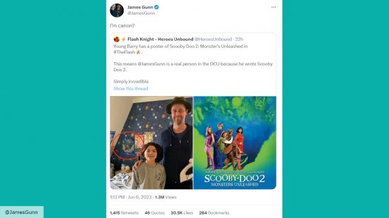 A screenshot of James Gunn sharing a Easter egg from The Flash on Twitter 