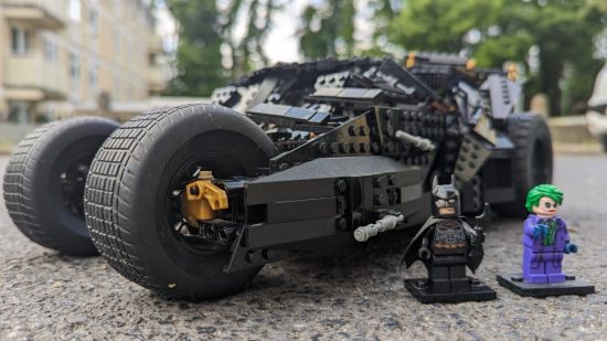 Lego Dark Knight Tumbler review image showing the vehicle and Lego Batman and Joker.