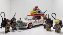 Lego Ghostbusters Ecto 1 & 2 set with all the minifigures laid out.