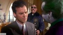 Michael Keaton as Batman in Tim Burton's Batman opposite Jack Nicholson's Joker