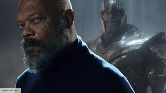 Nick Fury and Thanos from Endgame behind him