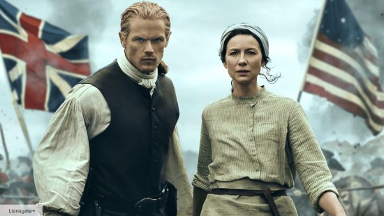 Sam Heughan and Caitriona Balfe as Jamie and Claire in Outlander season 7