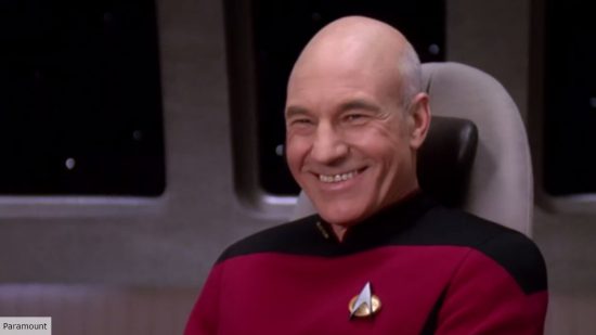 Patrick Stewart as Captain Picard grinning on TNG