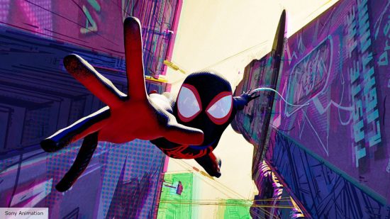 Spider-Verse 3 release date: Miles as Spider-Man reaching towards the camera while in the air