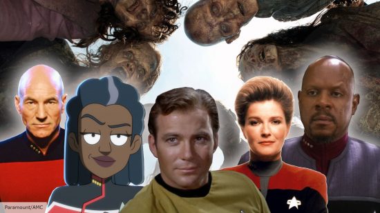 The Star Trek captains surrounded by zombies