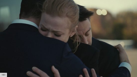 Kendall, Shiv, and Roman Roy embrace in Succession season 4 episode 3