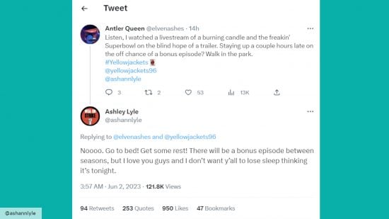 Yellowjackets creator responding to a fan on Twitter about a bonus episode in season 2 