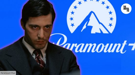Al Pacino in The Godfather against Paramount Plus logo backdrop