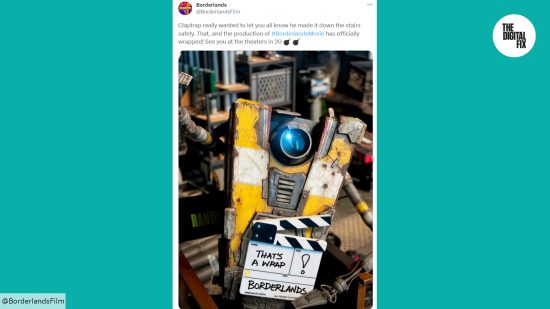 A photo of Claptrap on the set of Borderlands. The caption reads: Claptrap really wanted to let you all know he made it down the stairs safely. That, and the production of #BorderlandsMovie has officially wrapped!