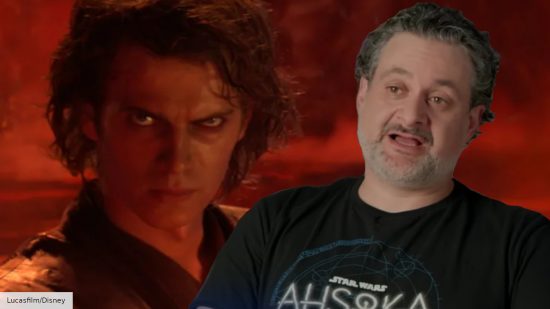 Dave Filoni speaking in front of Hayden Christensen as Anakin Skywalker in Star Wars: Revenge of the Sith