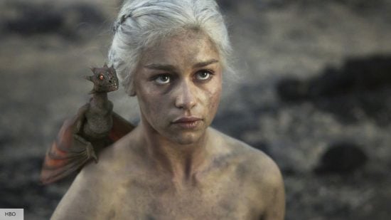 Game of Thrones' Daenerys Targaryen (Emelia Clarke) emerges from the flames with a baby dragon