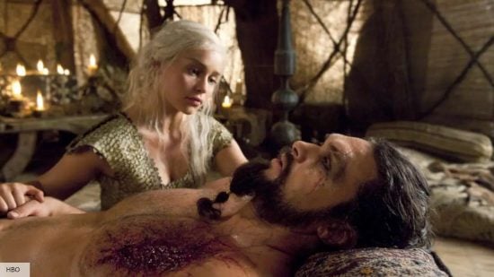 Game of Thrones' Daenerys Targaryen (Emelia Clarke) and a wounded Khal Drogo