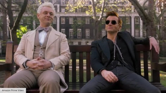 Good Omens how to watch: a demon and an angel sitting on a bench 
